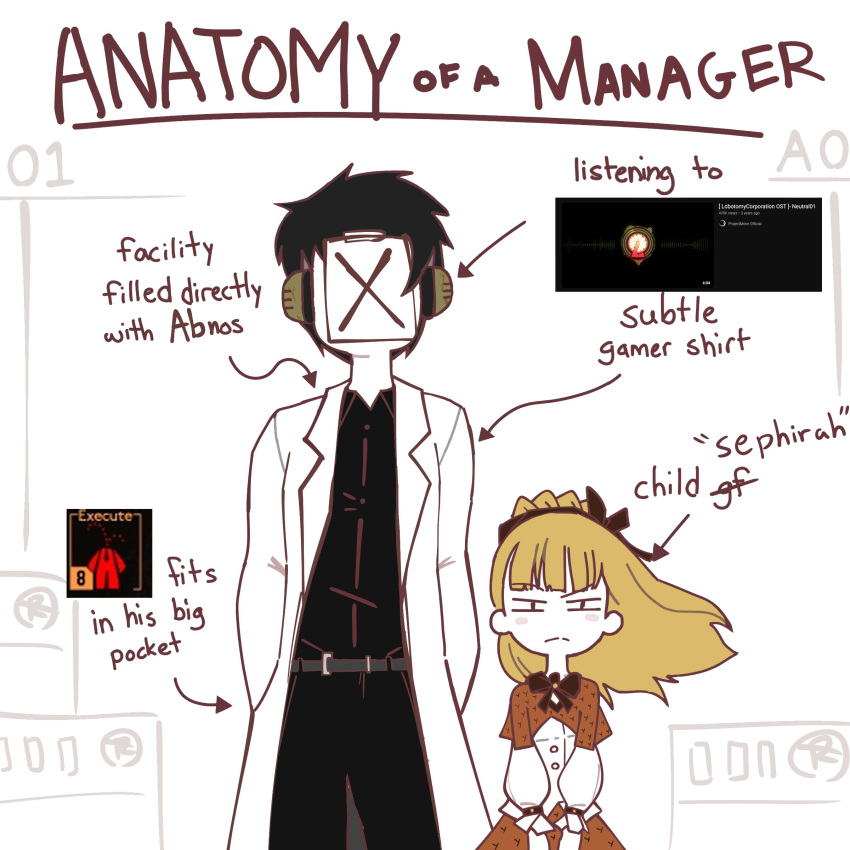 1boy 1girl absurdres anatomy_of_a_gamer_(meme) arrow_(symbol) ayin_(project_moon) belt black_hair black_hairband black_shirt blonde_hair brown_capelet capelet collared_shirt english_text hairband headphones highres lab_coat lobotomy_corporation lobotomy_corporation_logo long_hair meme neck_ribbon paper project_moon ranchsaucy ribbon shirt tiphereth_a_(project_moon) x_(project_moon)