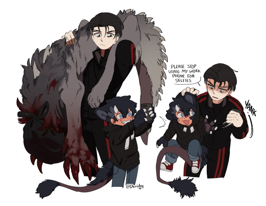 2boys animal_ears animal_hands arms_up black_eyes black_hair black_hoodie black_jacket black_pants blood blue_eyes carrying carrying_person child claws closed_mouth deviidog0 english_commentary english_text full_body fur-tipped_tail grin highres holding holding_phone hood hood_down hood_grab hoodie horns jacket looking_at_another looking_at_object male_focus monster monster_boy multiple_boys multiple_views open_mouth original over_shoulder pants phone short_hair simple_background smile speech_bubble standing tail upper_body very_short_hair white_background white_horns