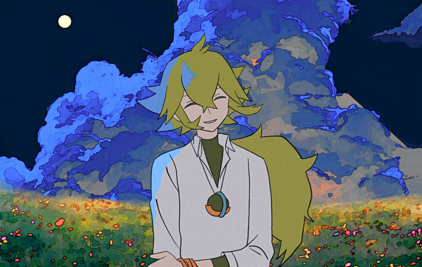 1boy ^_^ closed_eyes cloud cloudy_sky commentary facing_viewer field grass green_hair hair_between_eyes highres long_hair male_focus moon n_(pokemon) night outdoors pokemon pokemon_bw shirt sky smile solo standing white_shirt zero_(sleepy_meltan)