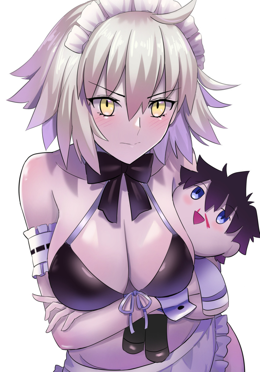 1girl absurdres ahoge apron arm_garter bare_shoulders bikini black_bikini blush breasts cleavage fate/grand_order fate_(series) fujimaru_ritsuka_(male) grey_hair highres jeanne_d'arc_alter_(avenger)_(fate) jeanne_d'arc_alter_(fate) large_breasts longdq3008 looking_at_viewer maid_headdress short_hair solo stuffed_toy swimsuit waist_apron white_apron yellow_eyes