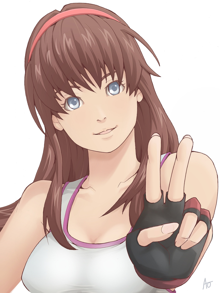 ao_(dtb01) bad_id bad_pixiv_id bare_shoulders blue_eyes breasts brown_hair dead_or_alive fingerless_gloves gloves hairband highres hitomi_(doa) long_hair medium_breasts solo tank_top upper_body v