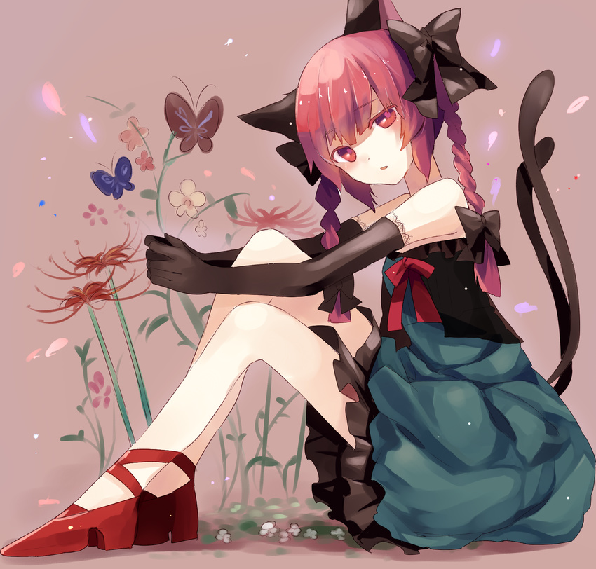 animal_ears bad_id bad_pixiv_id bare_shoulders bow braid bug butterfly cat_ears cat_tail elbow_gloves flower gloves hair_bow highres insect kaenbyou_rin looking_at_viewer multiple_tails otegoya red_eyes red_hair ribbon solo tail touhou twin_braids