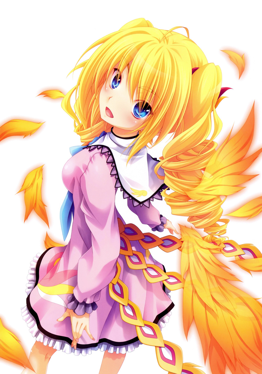 1girl :d absurdres blonde_hair blue_eyes dress feathers high_school_dxd highres miyama-zero open_mouth ravel_phenex simple_background smile wings