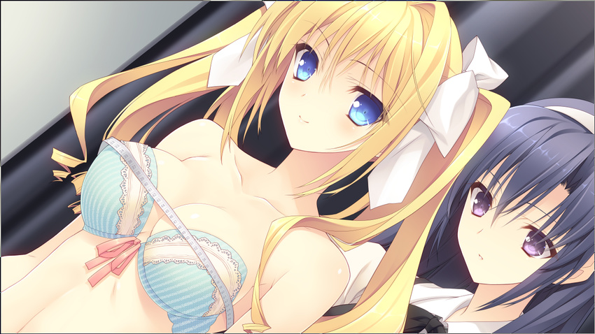 2girls blonde_hair blue_eyes bra breasts game_cg indoors multiple_girls ookura_yuusei suzuhira_hiro tsuki_ni_yorisou_otome_no_sahou twintails underwear