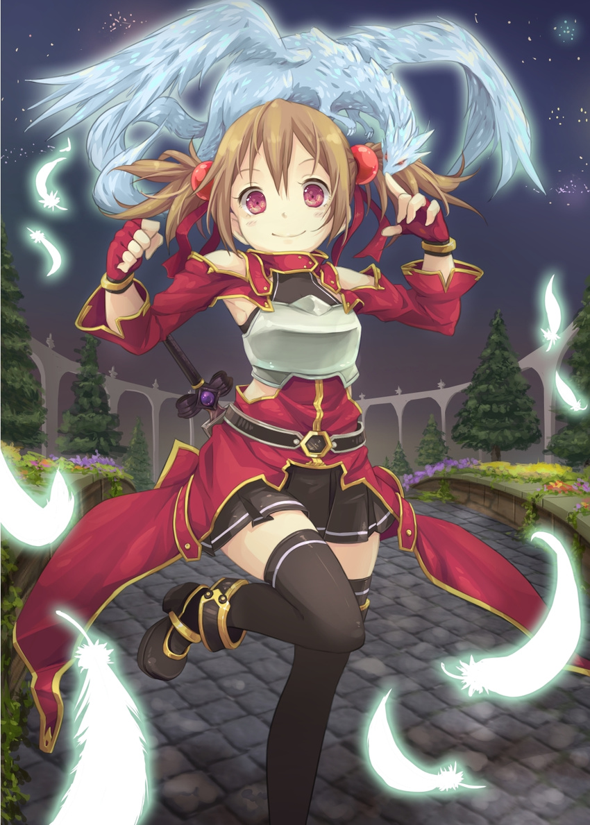 bare_shoulders black_legwear blush breastplate brown_hair feathers fingerless_gloves gloves hair_ribbon highres hpflower leg_up looking_at_viewer night pina_(sao) red_eyes ribbon silica skirt smile solo sword sword_art_online thighhighs tree twintails weapon