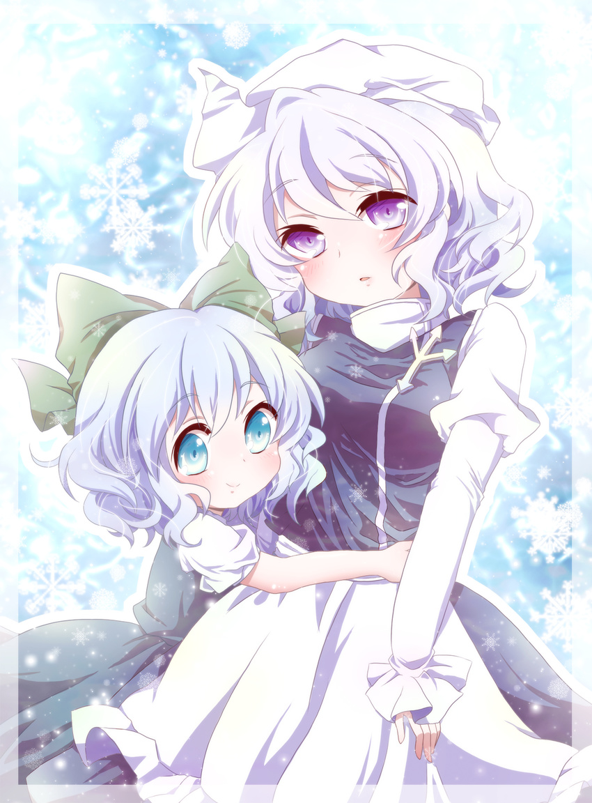 bad_id bad_pixiv_id cirno highres hug kuromame_(8gou) letty_whiterock multiple_girls smile snow snowflakes touhou