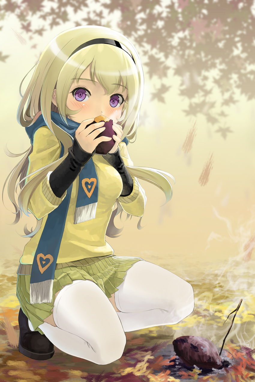 blonde_hair blue_eyes blush covering_mouth food hairband highres holding kneeling long_hair looking_at_viewer okingjo original pleated_skirt scarf shoes skirt solo sweater sweet_potato thighhighs white_legwear