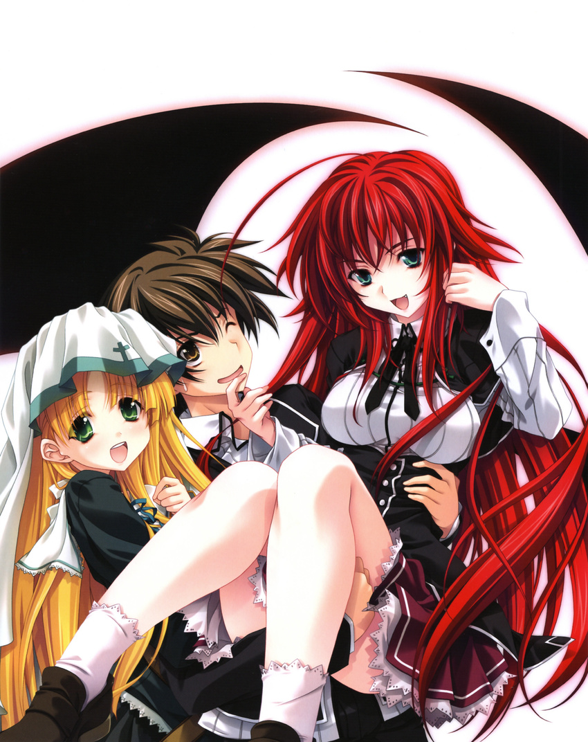 1boy 2girls absurdres asia_argento blonde_hair green_eyes high_school_dxd highres highress hyoudou_issei long_hair miyama-zero multiple_girls official_art pimp red_hair rias_gremory wings