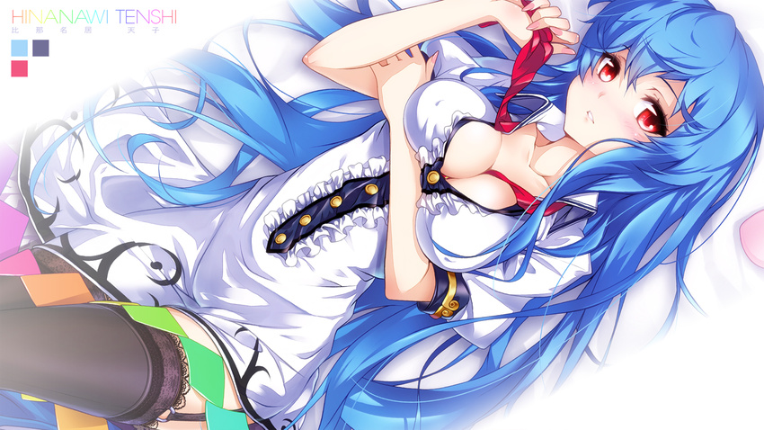 alternate_breast_size black_legwear blue_hair breasts character_name cleavage cropped garter_straps highres hinanawi_tenshi hong_(white_spider) large_breasts long_hair lying no_hat no_headwear on_back parted_lips red_eyes solo thighhighs touhou wallpaper