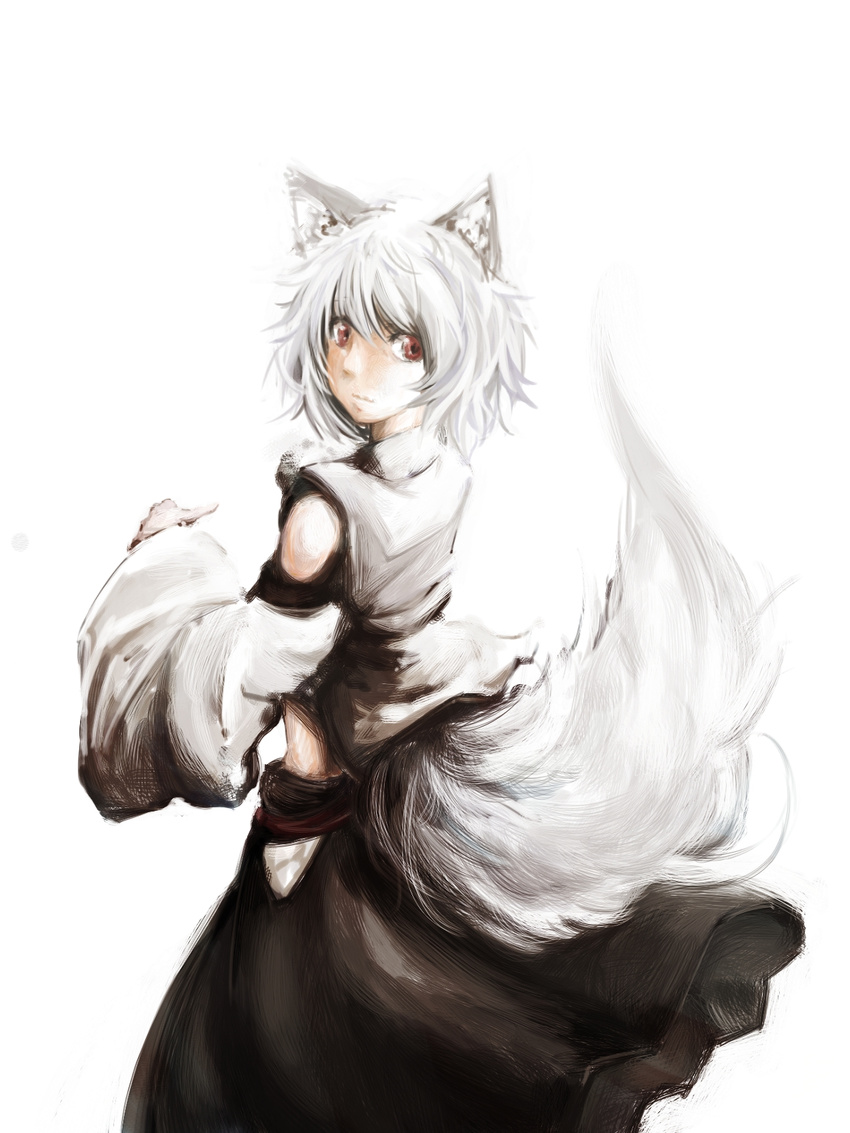 animal_ears bare_shoulders detached_sleeves from_behind highres inubashiri_momiji kyoro_(asdfg-hjkl) no_hat no_headwear red_eyes short_hair silver_hair simple_background solo tail touhou white_background wolf_ears wolf_tail