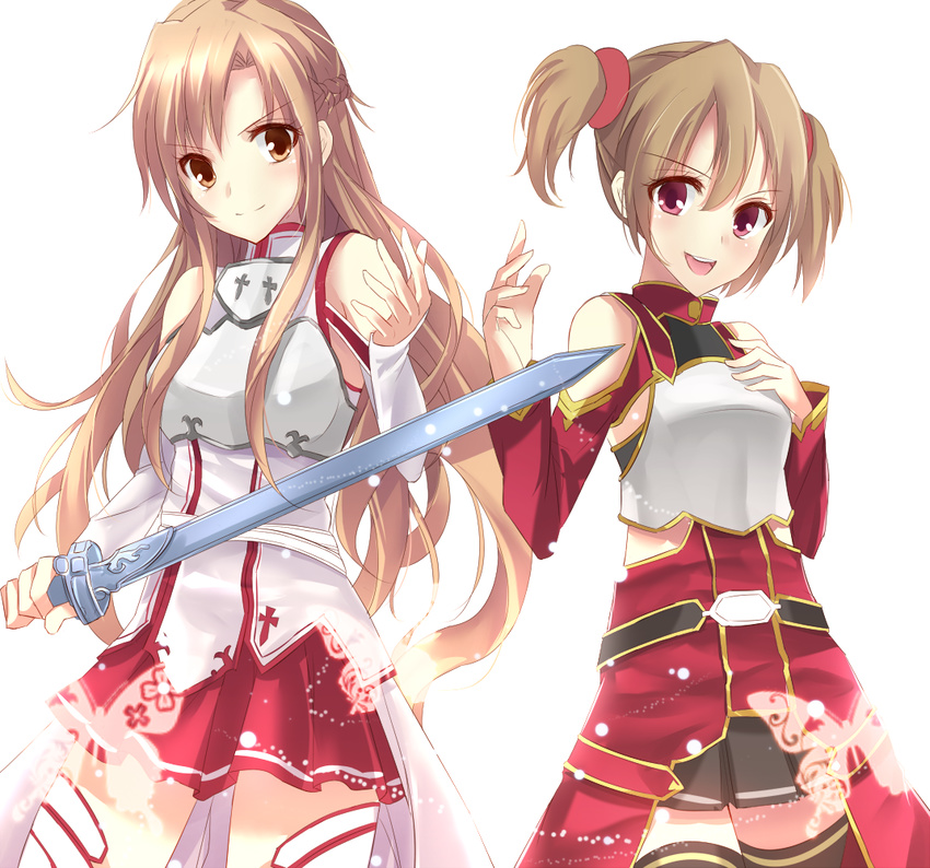 aosaki_yukina asuna_(sao) bad_id bad_pixiv_id breastplate brown_eyes brown_hair long_hair multiple_girls red_eyes short_hair silica sword sword_art_online thighhighs twintails weapon