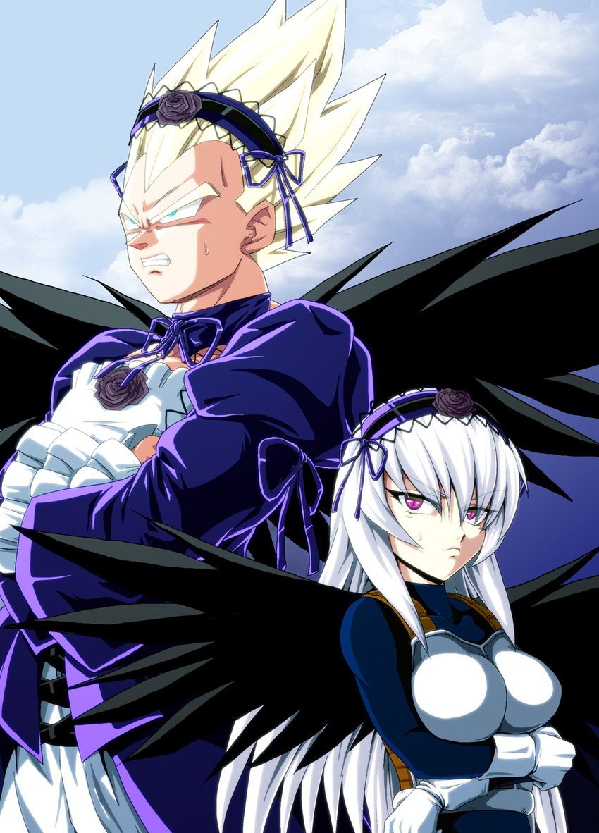 1girl annoyed black_hair black_wings breasts clenched_teeth cosplay costume_switch crossover dragon_ball dragon_ball_z dress gothic_lolita hairband highres kamishima_kanon large_breasts lolita_fashion red_eyes rozen_maiden silver_hair spiked_hair suigintou suigintou_(cosplay) super_saiyan sweatdrop teeth vegeta vegeta_(cosplay) wings