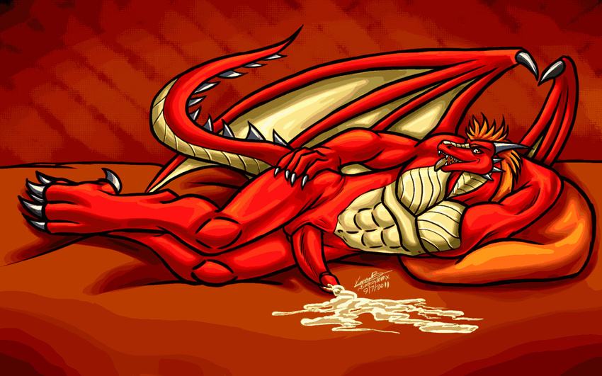 abs anal anthro bed biceps big_muscles claws cum dracos dragon dripping dsamusmmx erection fangs hair horn looking_at_viewer lying male messy muscles nude on_side pecs penis pillow pose red_body red_dragon red_scales scalie solo thick_penis tongue