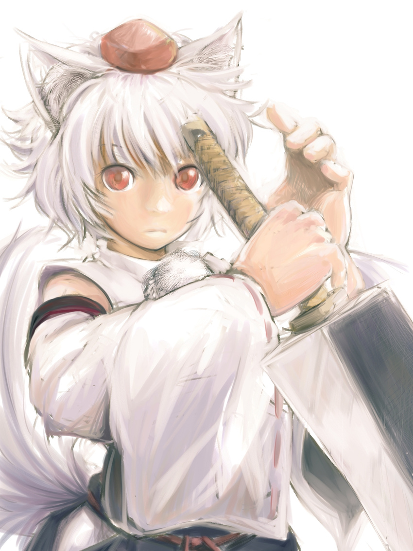 animal_ears bare_shoulders detached_sleeves hands hat highres huge_weapon inubashiri_momiji kyoro_(asdfg-hjkl) red_eyes short_hair silver_hair simple_background solo sword tail tokin_hat touhou upper_body weapon white_background wide_sleeves wolf_ears wolf_tail