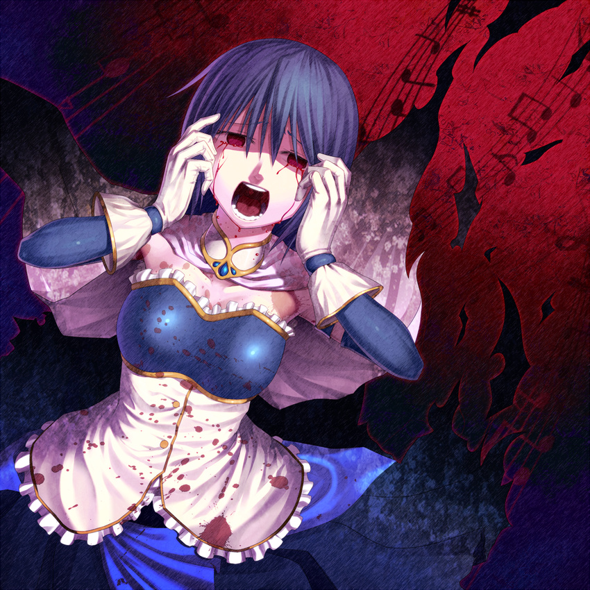 bad_id bad_pixiv_id blood bloody_tears blue_hair cape crying crying_with_eyes_open frills gloves highres magical_girl mahou_shoujo_madoka_magica miki_sayaka musical_note open_mouth pleated_skirt red_eyes short_hair skirt solo tears yonaga_(masa07240)