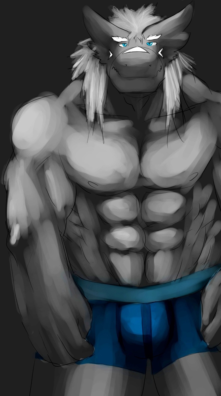 abs anthro biceps blue_eyes boxers bulge clothed clothing dragon fur grauchen grey_fur hair half-dressed invalid_color kaze long_hair looking_at_viewer male muscles nipples pecs pose scales solo standing toned topless underwear white white_fur white_hair