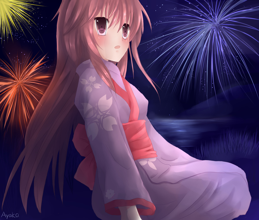 brown_hair fireworks japanese_clothes kimono tagme