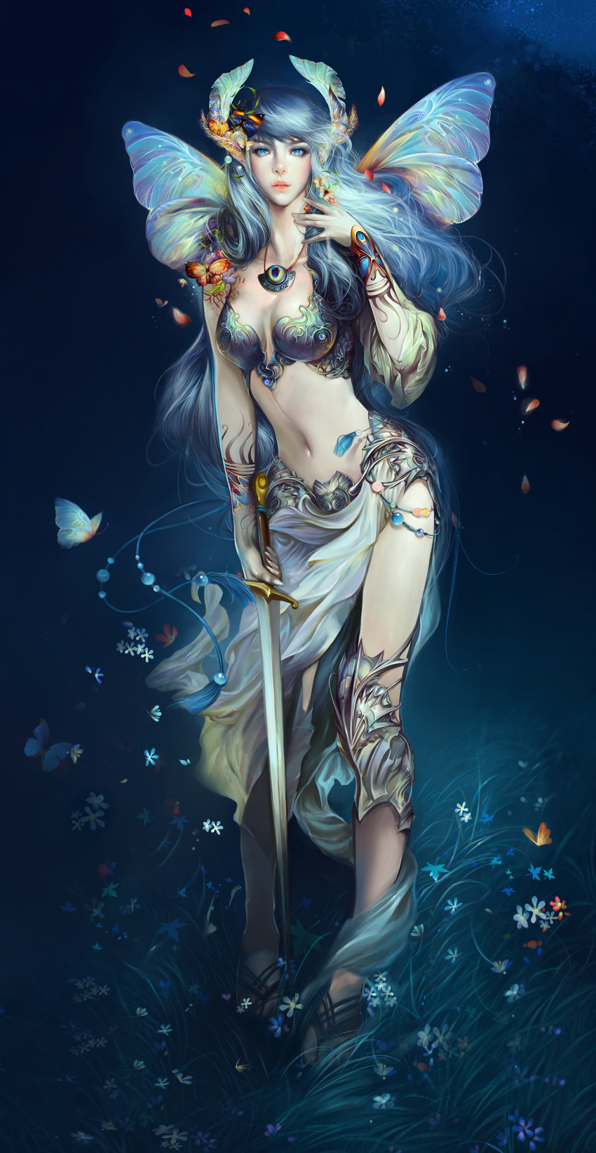 absurdres blue_eyes blue_hair breasts bug butterfly butterfly_wings cleavage flower hair_ornament haoyuan highres huge_filesize insect jewelry lips long_hair looking_at_viewer medium_breasts midriff navel necklace original petals realistic solo standing sword weapon wings