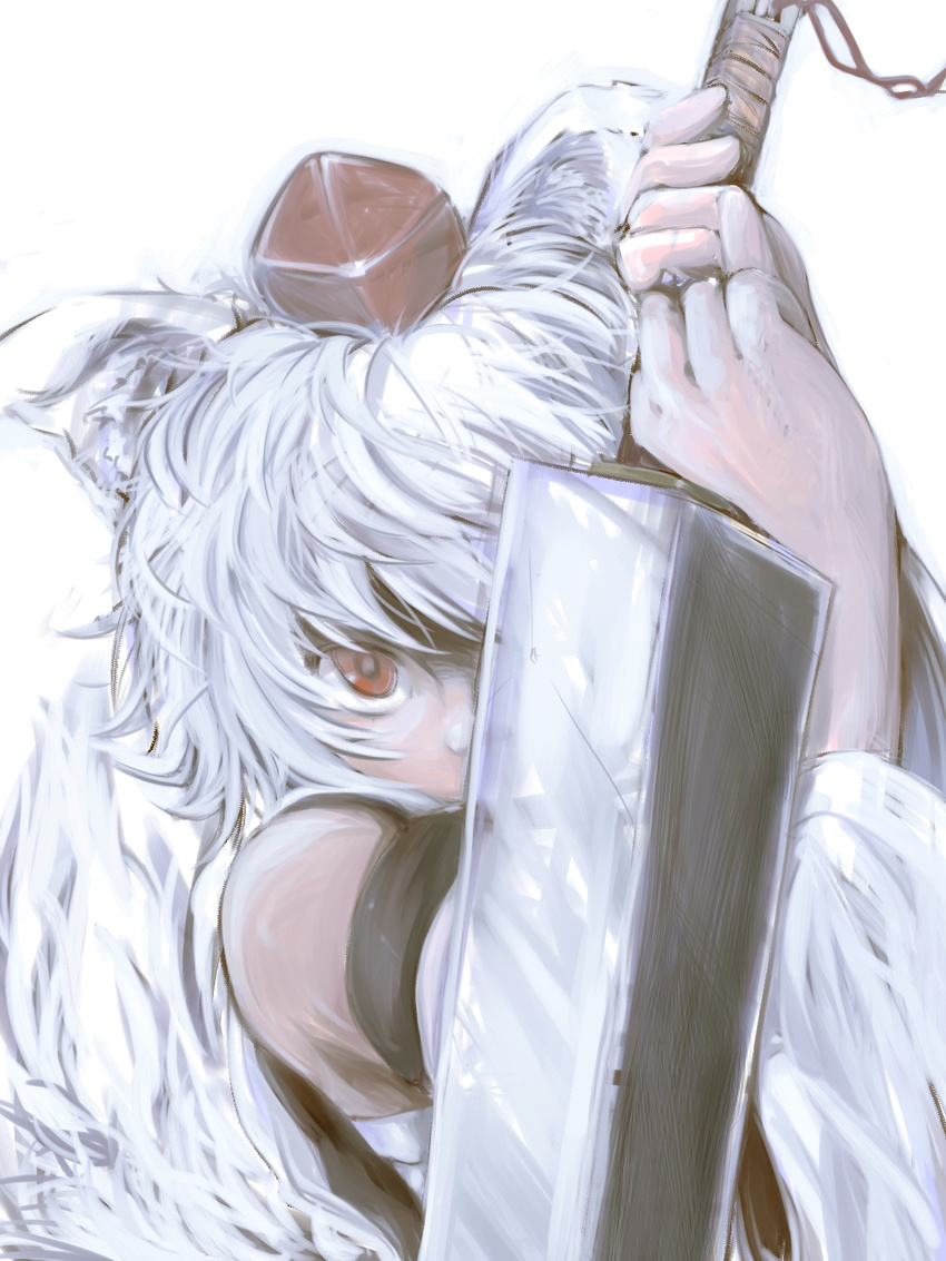 animal_ears bare_shoulders hat highres inubashiri_momiji kyoro_(asdfg-hjkl) red_eyes short_hair simple_background solo sword tail tokin_hat touhou upper_body weapon white_background white_hair wolf_ears wolf_tail