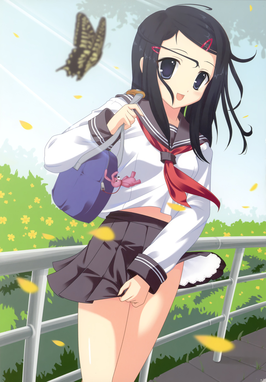 :d absurdres bag black_hair blue_eyes blurry bug butterfly copyright_request depth_of_field highres insect itou_life open_mouth railing school_uniform skirt skirt_pull smile wind wind_lift