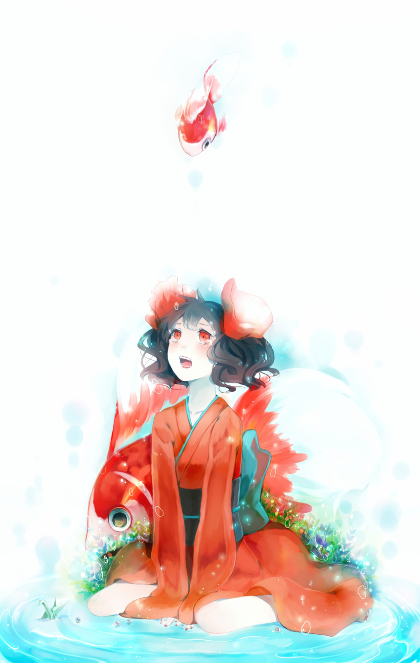bad_id bad_pixiv_id fish goldfish highres japanese_clothes lie_6 nail_polish origami original red_eyes short_hair simple_background solo tears water