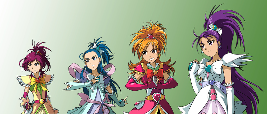 blue_eyes blue_hair brown_eyes cosplay cure_bloom cure_bright cure_bright_(cosplay) cure_egret cure_windy cure_windy_(cosplay) eyelashes futari_wa_precure_splash_star gradient gradient_background highres hyuuga_saki kakkii kiryuu_kaoru kiryuu_michiru long_hair magical_girl mishou_mai multiple_girls orange_hair precure purple_hair