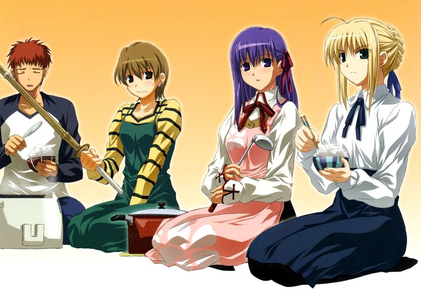 3girls apron artist_request artoria_pendragon_(all) blonde_hair blouse bowl brown_hair chopsticks closed_eyes emiya_shirou fate/stay_night fate_(series) food fujimura_taiga highres matou_sakura multiple_girls pantyhose purple_eyes purple_hair red_hair rice rice_bowl saber seiza shinai sitting source_request sword weapon