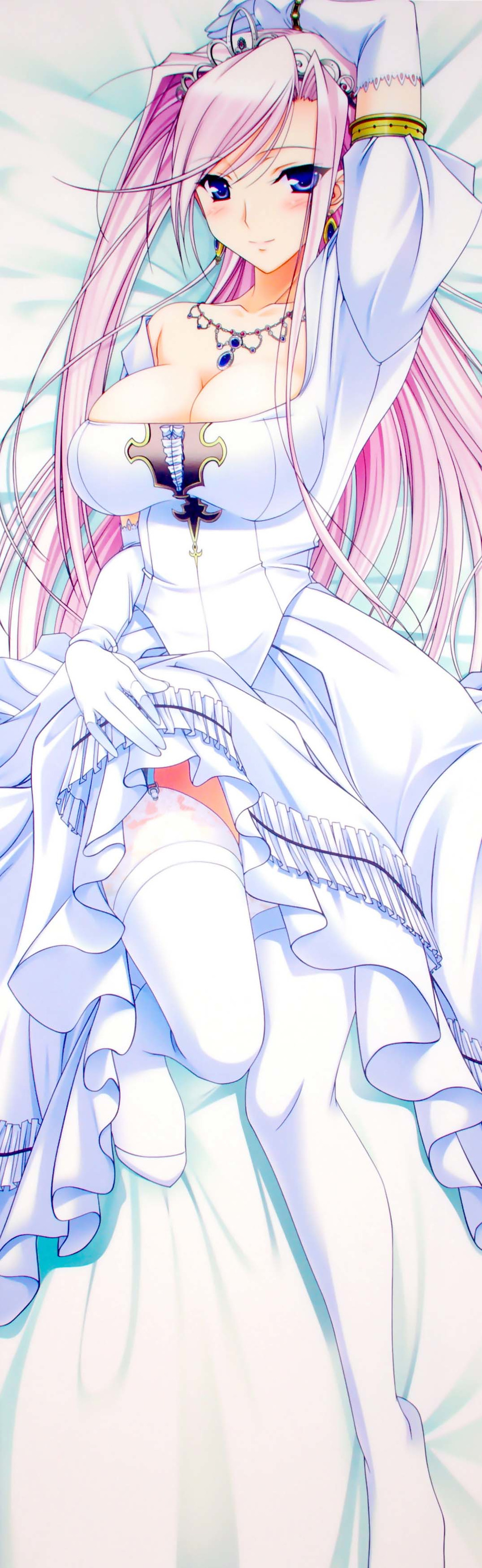 absurdres blue_eyes blush breasts bride charlotte_hazellink cleavage dress elbow_gloves gloves highres jewelry komori_kei large_breasts long_hair long_image necklace princess_lover scan smile solo stick_poster tall_image thighhighs tiara wedding_dress