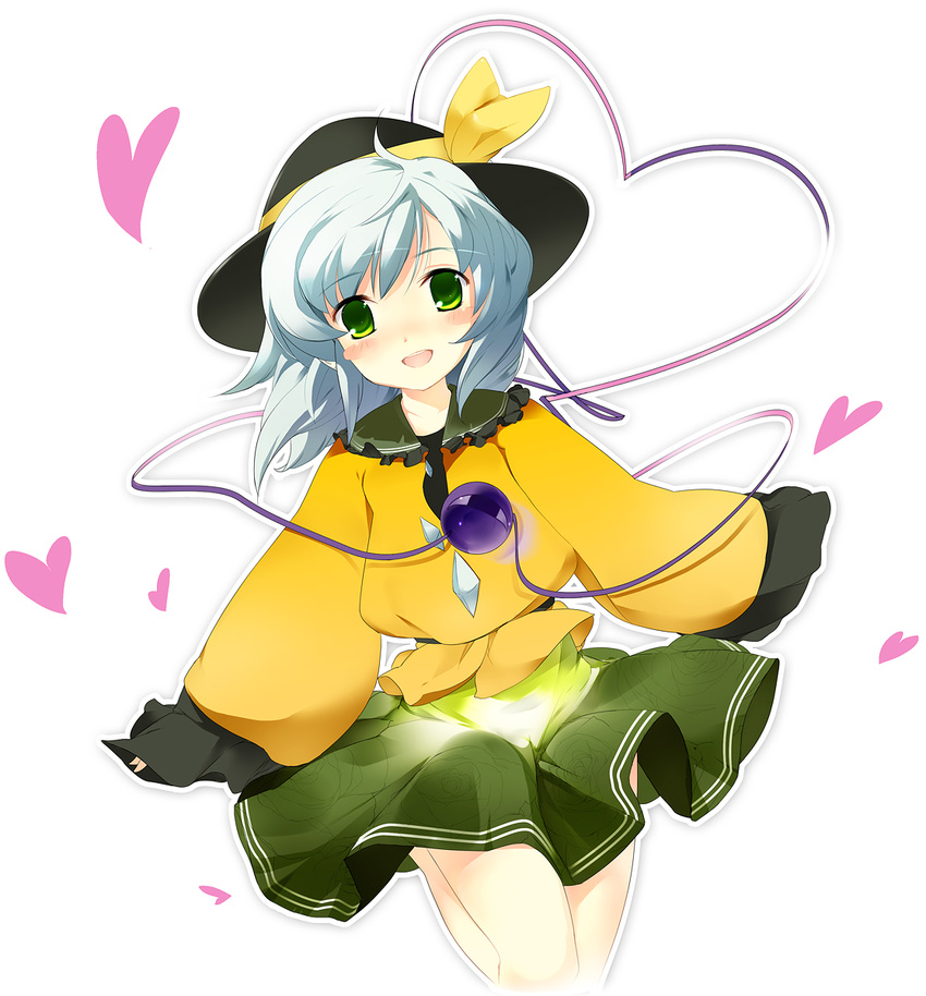 bad_id bad_pixiv_id blush_stickers bow hat heart heart_of_string highres komeiji_koishi null_(pixiv59424) ribbon short_hair silver_hair skirt solo touhou yellow_bow