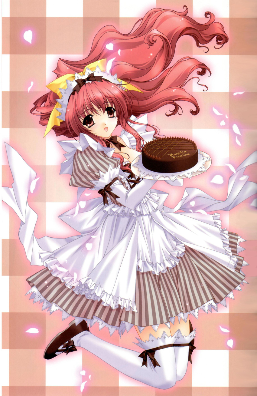 absurdres bow cake dress food gloves hair_bow highres jumping kimizuka_aoi long_hair magi-cu pastry plaid plaid_background red_eyes red_hair solo striped thighhighs tray vertical-striped_dress vertical_stripes waitress wavy_hair white_gloves white_legwear yellow_bow