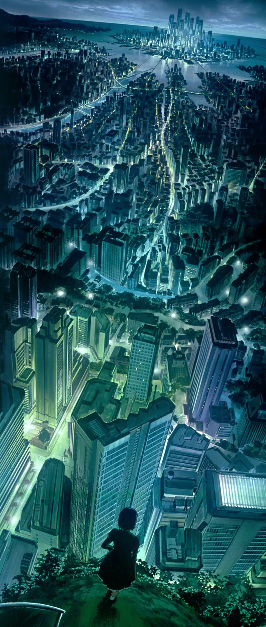 absurdres artist_request city cityscape cloud dress ghost_in_the_shell highres kusanagi_motoko night non-web_source purple_hair screencap short_hair sky solo stitched third-party_edit water