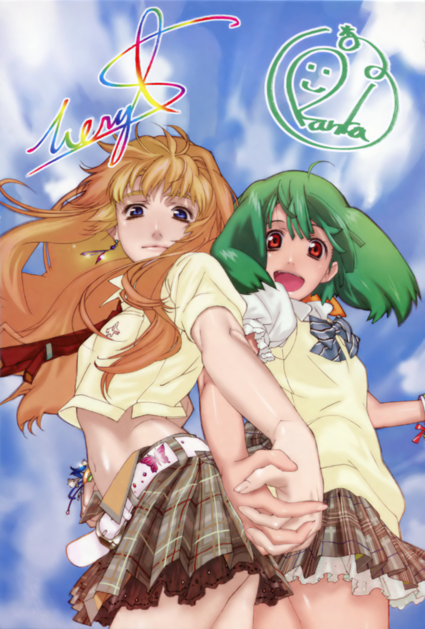 :d absurdres artist_request belt blonde_hair blue_eyes character_signature cloud day earrings from_below green_hair highres holding_hands jewelry lion_(macross_frontier) long_hair looking_down macross macross_frontier midriff multiple_girls navel necktie open_mouth plaid plaid_skirt ranka_lee red_eyes reference_work ribbon scan school_uniform sheryl_nome signature skirt smile sweater_vest wind