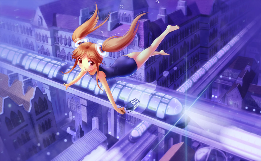 brown_hair city ground_vehicle kankurou lantern long_hair one-piece_swimsuit original pink_eyes school_swimsuit solo swimsuit train twintails underwater