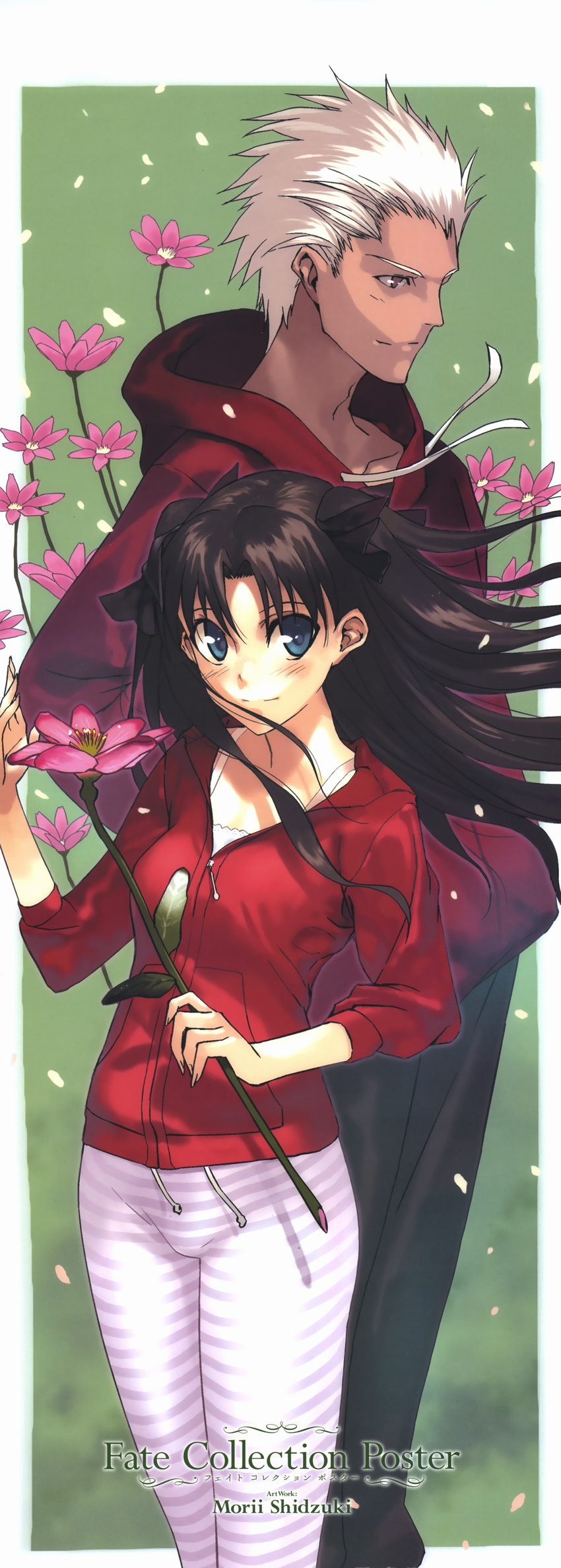 1girl absurdres archer black_hair blue_eyes casual dark_skin dark_skinned_male fate/stay_night fate_(series) flower height_difference highres long_hair morii_shizuki petals scan size_difference tall toosaka_rin two_side_up