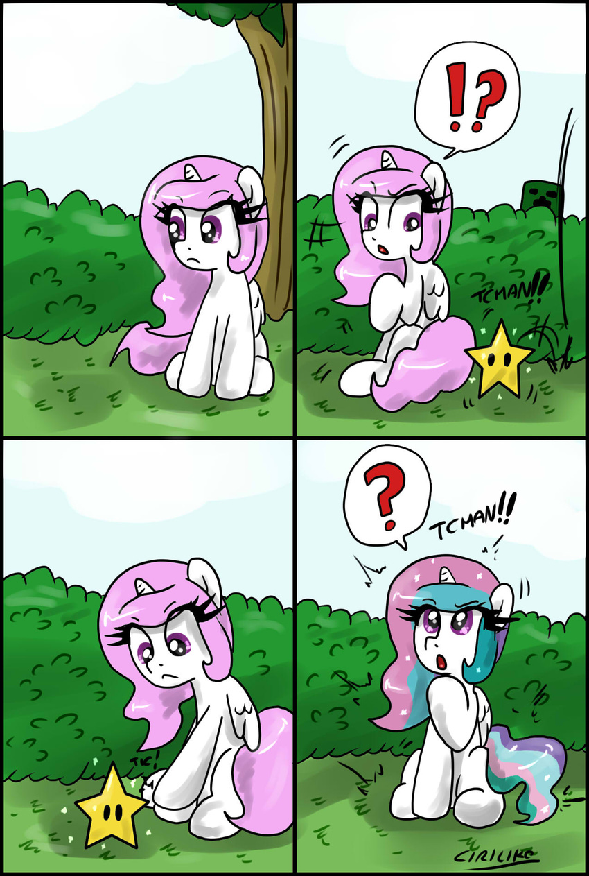 ?! bush ciriliko comic creeper equine female feral friendship_is_magic glowing hair horn horse mammal minecraft multi-colored_hair my_little_pony outside pink_hair pony princess_celestia_(mlp) sitting sparkle star tree video_games winged_unicorn wings wood