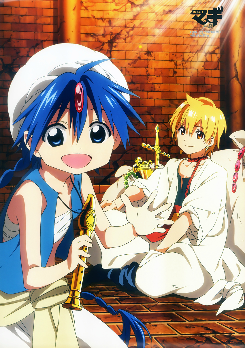 :d aladdin_(magi) ali_baba_saluja arabian_clothes artist_request blonde_hair blue_eyes blue_hair braid choker earrings flute highres instrument jewelry long_hair magi_the_labyrinth_of_magic male_focus multiple_boys necklace official_art open_mouth orange_eyes single_braid smile turban