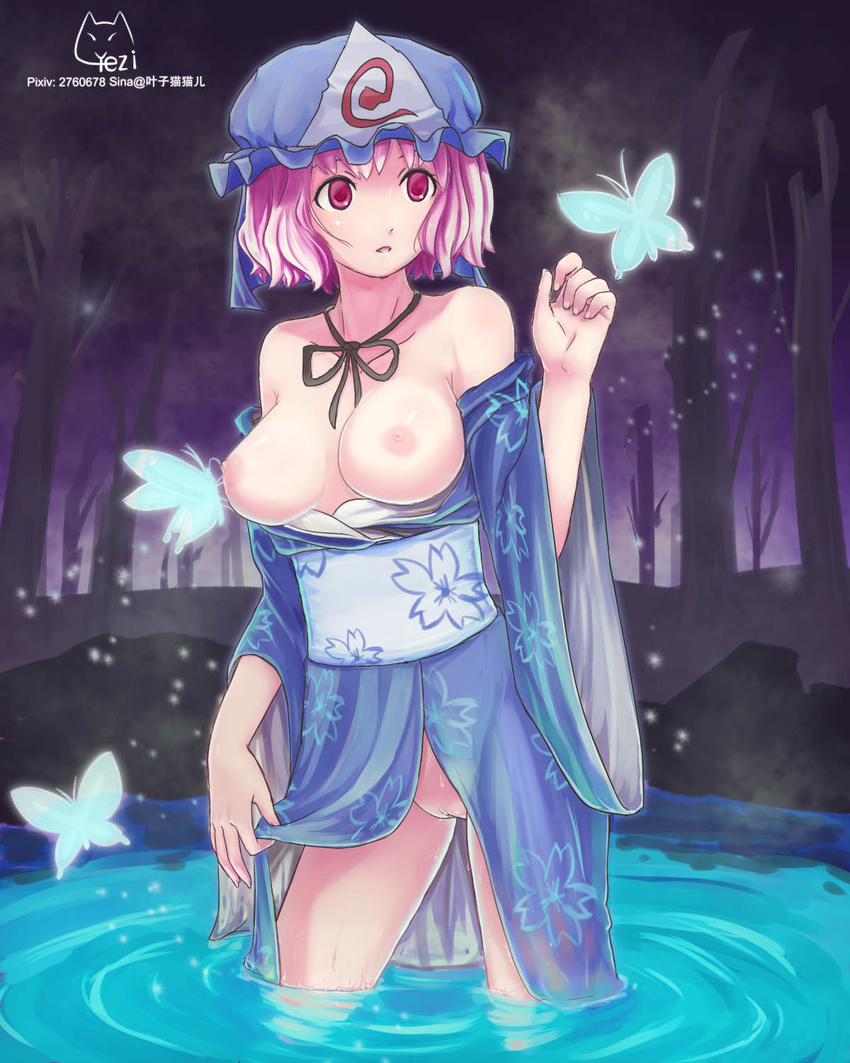 bare_shoulders breasts breasts_outside bug butterfly dongqing_zaozigao foreshortening hat highres insect japanese_clothes jpeg_artifacts kimono large_breasts neck_ribbon night nipples no_panties obi off_shoulder pink_eyes pink_hair pussy ribbon saigyouji_yuyuko sash short_hair solo touhou triangular_headpiece wading water wet wet_clothes wide_sleeves