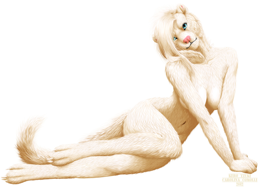 blue_eyes breasts female ferret hair kero_tzuki looking_at_viewer mammal mustelid nude pinup plain_background pose solo white_hair