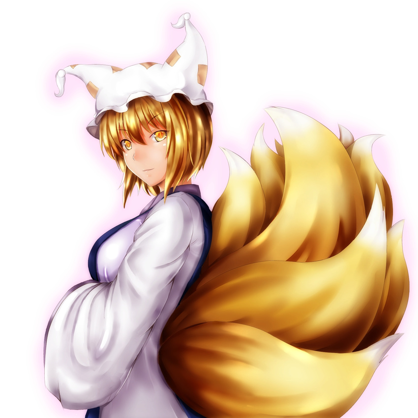 blonde_hair fox_tail hands_in_opposite_sleeves hat highres multiple_tails nikonikosiro short_hair simple_background smile solo tabard tail touhou white_background yakumo_ran yellow_eyes