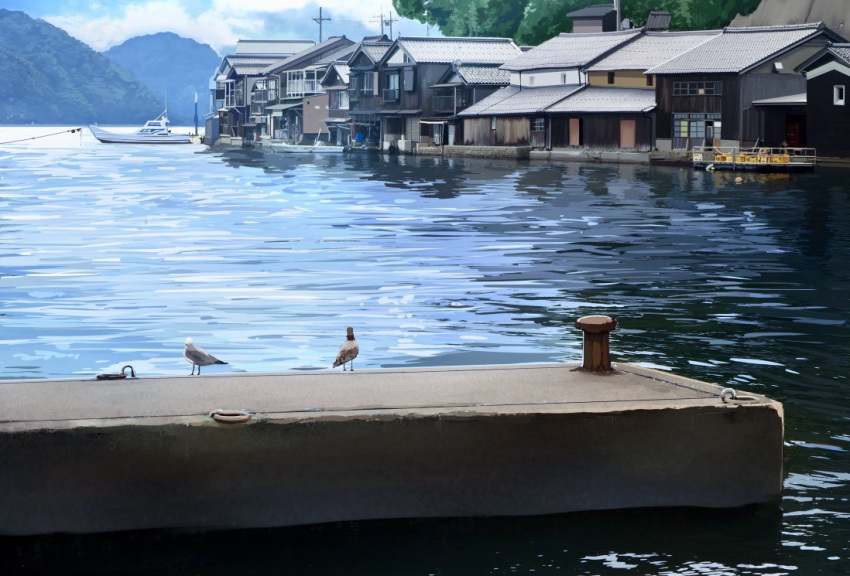 bird blue_sky building cloud day harbor house lake mountain no_humans original outdoors pier power_lines sakeharasu scenery seagull ship shore sky telephone_pole tile_roof tree water watercraft window