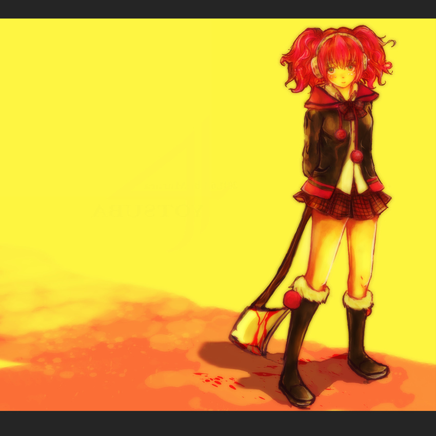 axe bangs bare_legs blood boots headphones highres kyokugen_dasshutsu kyokugen_dasshutsu:_9_jikan_9_nin_9_no_tobira looking_at_viewer oku16 pink_hair solo spoilers standing twintails weapon yandere yellow_background yotsuba_(kyokugen_dasshutsu)