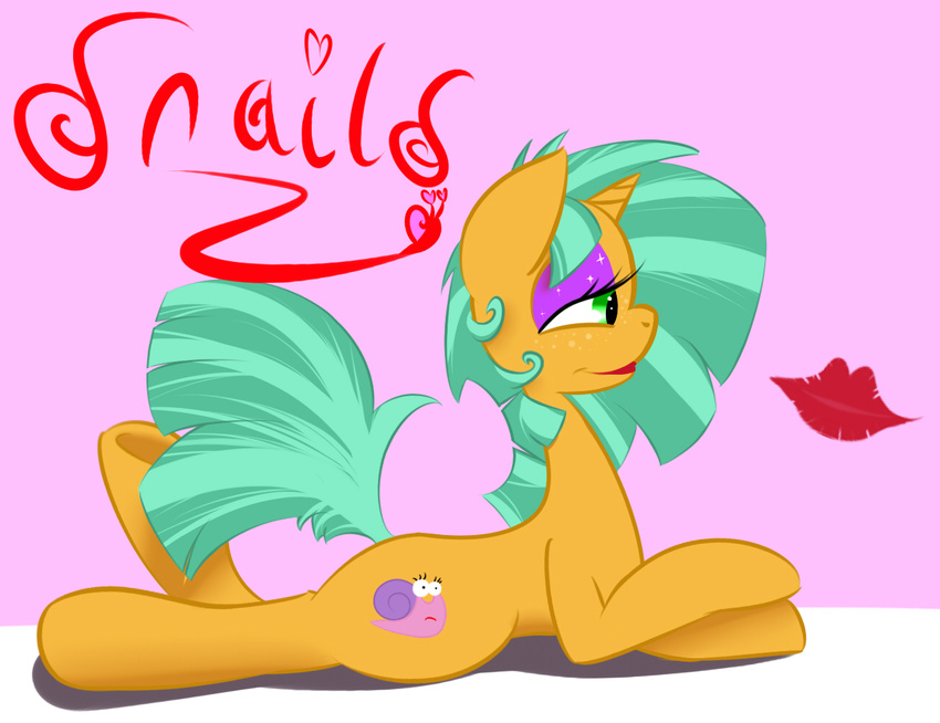 english_text equine eyeshadow feral freckles friendship_is_magic girly horn kryptchild lipstick lying makeup male mammal my_little_pony on_front snails_(mlp) solo sparkles text unicorn