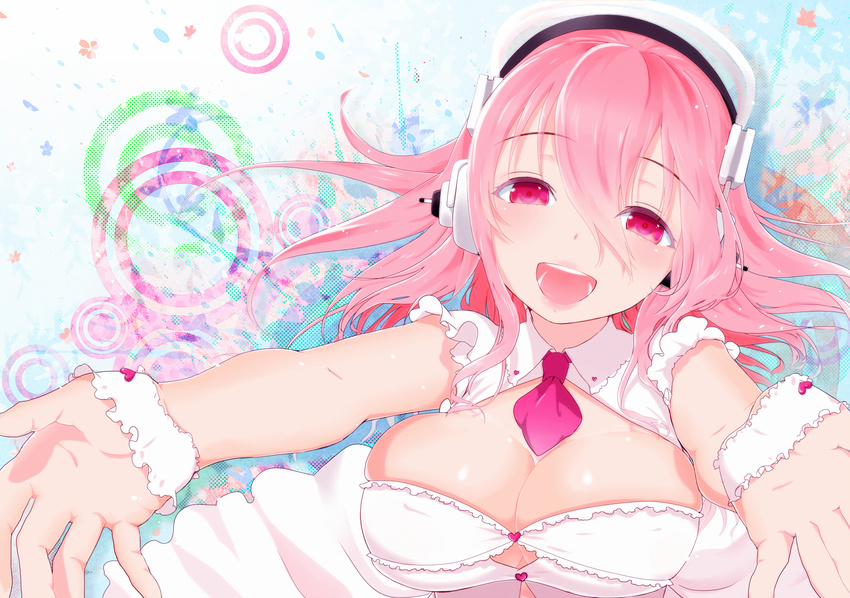 :d bad_id bad_pixiv_id breasts cleavage dress frills headphones highres large_breasts nitroplus open_mouth outstretched_arms pink_eyes pink_hair smile solo super_sonico upper_body yamada_ranga