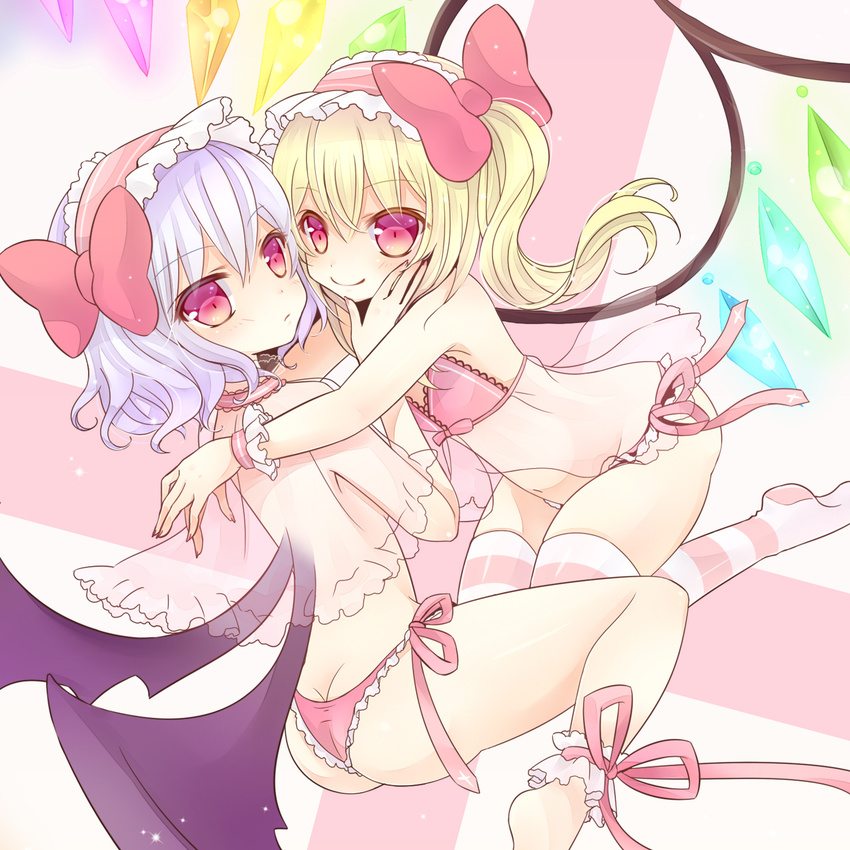 ankle_cuffs arms_around_neck blonde_hair blue_hair blush bow butt_crack capelet flandre_scarlet hand_on_another's_cheek hand_on_another's_face headdress highres kuroki_mashiro multiple_girls no_bra panties red_eyes remilia_scarlet see-through siblings side-tie_panties sisters sitting smile striped striped_legwear thighhighs touhou underwear wings wrist_cuffs