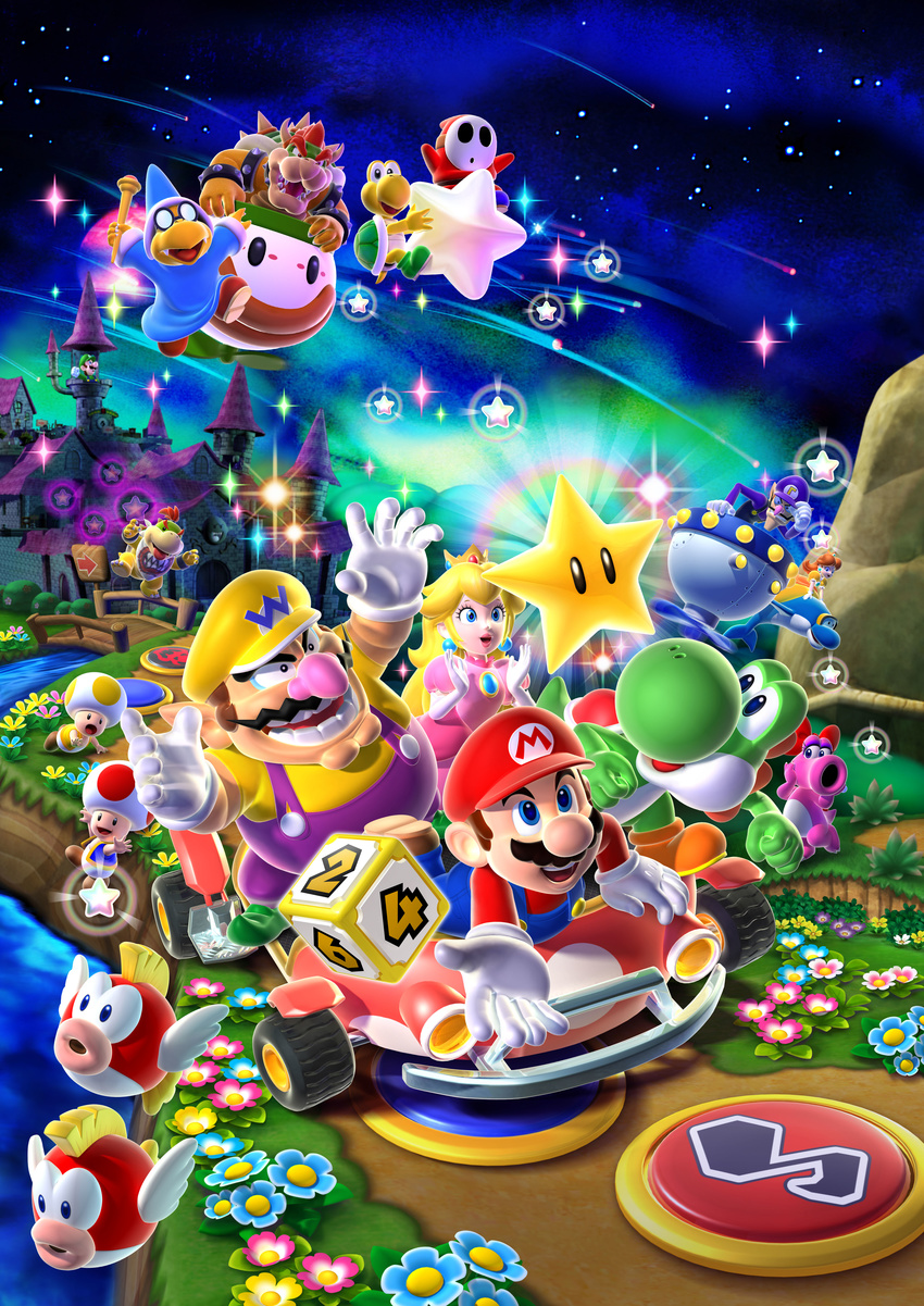 3d absurdres birdo bowser bowser_jr. castle cheep_cheep dice everyone flower gloves hat highres kamek koopa koopa_troopa luigi mario mario_party musical_note night nintendo official_art overalls princess_daisy princess_peach shooting_star shy_guy smile star starman_(mario) super_mario_bros. super_mario_land super_star toad toad_(mario) waluigi wario yoshi