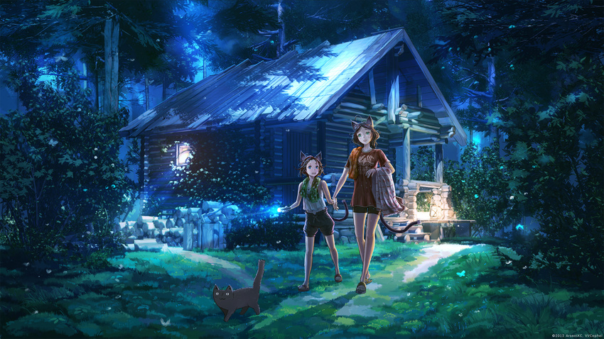 age_difference ahoge animal_ears arsenixc artist_name bare_legs bike_shorts black_cat blue blue_eyes blush brown_hair bug butterfly cat cat_ears cat_tail collaboration flashlight flat_chest flip-flops forest grass highres holding_hands house insect lantern lights long_hair midriff multiple_girls nature night open_mouth original pumpkin_pants sandals scenery shadow shirt short_hair shorts smile sparkle t-shirt tail towel towel_around_neck tree tree_shade vvcephei walking wet wet_hair