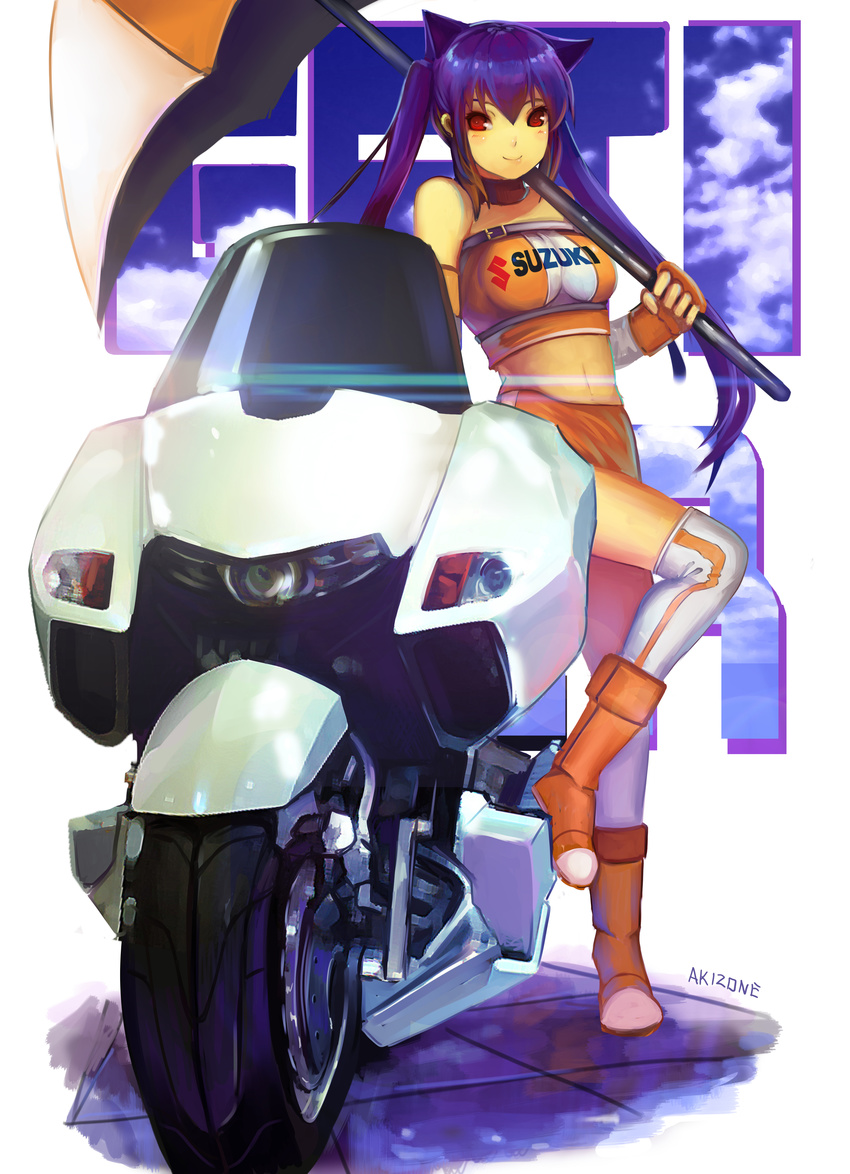 absurdres akizone animal_ears artist_name bad_id bad_pixiv_id bare_shoulders blue_hair boots cat_ears ground_vehicle highres leaning_against_motorcycle long_hair midriff motor_vehicle motorcycle navel orange_footwear original race_queen red_eyes signature sitting smile solo thighhighs twintails umbrella white_legwear