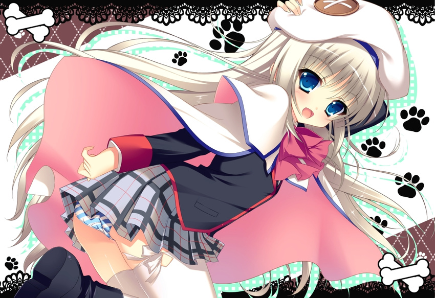 :d blue_eyes boots bow cape hand_on_headwear hat little_busters! long_hair looking_at_viewer noumi_kudryavka open_mouth paw_print pink_bow raiou resized school_uniform silver_hair skirt smile solo thighhighs white_legwear