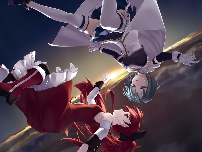 bad_id bad_pixiv_id belt blue_eyes boots bow cape flying gloves hair_bow horizon long_hair magical_girl mahou_shoujo_madoka_magica miki_sayaka morino_kiriko multiple_girls red_eyes red_hair sakura_kyouko short_hair skirt thighhighs white_gloves white_legwear