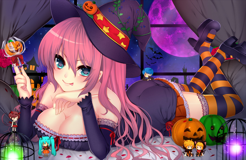 :p bare_shoulders bat birdcage blue_eyes blush breasts cage character_doll chin_rest cleavage collarbone curtains detached_sleeves food_themed_hair_ornament full_moon hair_ornament halloween hat hat_ribbon hatsune_miku holding jack-o'-lantern kagamine_len kagamine_rin kaito large_breasts long_hair looking_at_viewer lying megurine_luka meiko mi_(liki1020) moon on_stomach petals pillow pink_hair pumpkin pumpkin_hair_ornament purple_moon resized ribbon skirt solo star striped striped_legwear thighhighs tongue tongue_out vocaloid window witch_hat